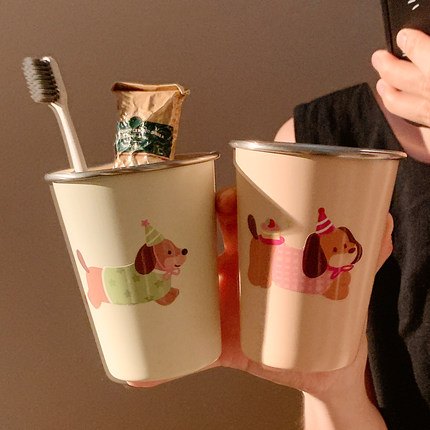 可爱腊肠狗漱口杯家用牙刷杯子洗漱杯情侣学生宿舍不锈钢牙具牙杯