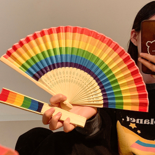 彩虹折叠小扇子女夏天便携舞蹈扇新款 竹扇拍照道具 古风国风新中式