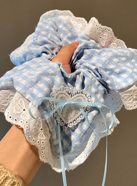 顺手买1件~蓝色格子蕾丝蝴蝶结大肠发圈女方巾可爱发绳头饰发饰