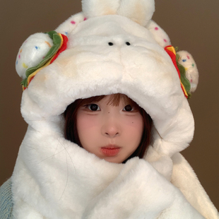 可爱汉堡兔子毛绒帽子围巾手套一体女冬季 保暖防寒三件套2025新款