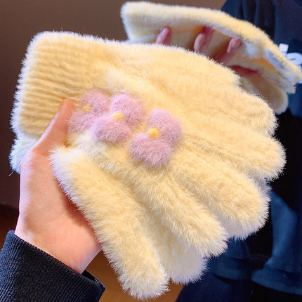 可爱蝴蝶结毛绒奶黄色针织手套女冬季保暖防寒冻五指骑行车可触屏