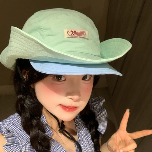 薄荷绿双帽檐速干渔夫帽女夏季