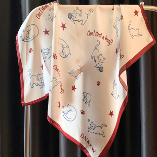 可爱猫咪印花丝巾方巾女春夏季 系脖高级感围巾小领巾头巾2026新款