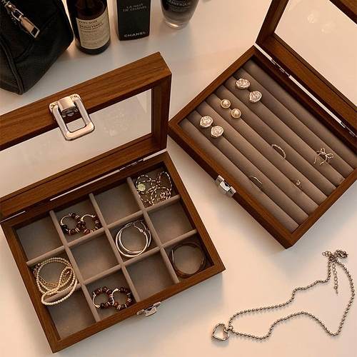 黑胡桃木纹高档精致便携首饰盒