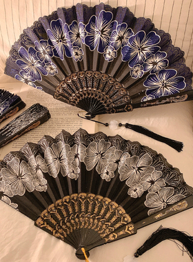 古风花朵折叠扇子女夏天便携随身中国风新中式汉服旗袍舞蹈扇家用