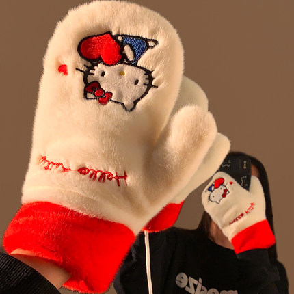可爱helloKitty毛绒手套女冬季加绒加厚挂脖连指学生骑行防寒防风