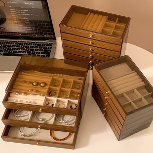 多层复古实木首饰盒大容量黄金戒指耳环项链手饰品桌面收纳盒小型
