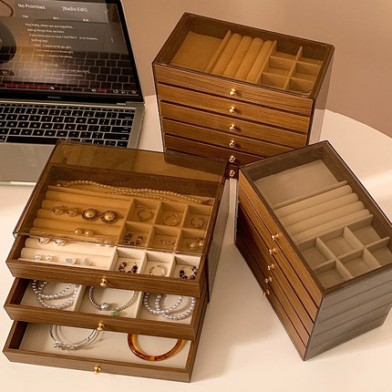 多层复古实木首饰盒大容量黄金戒指耳环项链手饰品桌面收纳盒小型