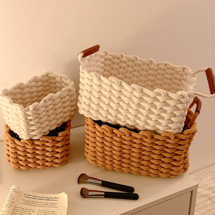 ins风棉绳编织收纳篮摆件棉线护肤品书桌收纳筐简约桌面玄关床头