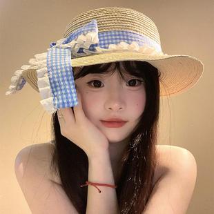 海邊沙灘度假遮陽防曬帽太陽帽子 蝴蝶結格子平頂草帽女夏季