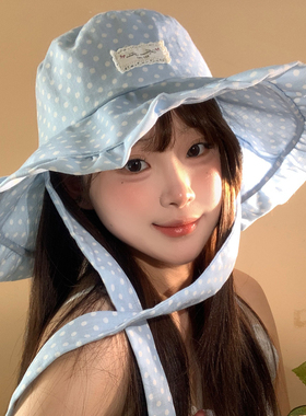 蓝色波点绑带渔夫帽女春夏大帽檐防紫外线防晒帽子遮阳帽2026新款