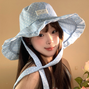 蓝色波点绑带渔夫帽女春夏大帽檐防紫外线防晒帽子遮阳帽2026新款
