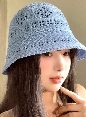 日系镂空蓝色编织渔夫帽女春夏季薄款遮阳防晒帽大头围显脸小帽子