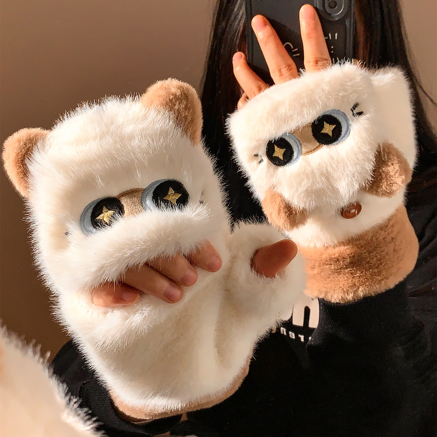 可爱暹罗猫毛绒翻盖半指手套女冬季加厚保暖触屏写字骑行学生防寒,服饰配件/皮带/帽子/围巾,手套,淘宝优惠券,粉丝福利购,淘宝优惠卷