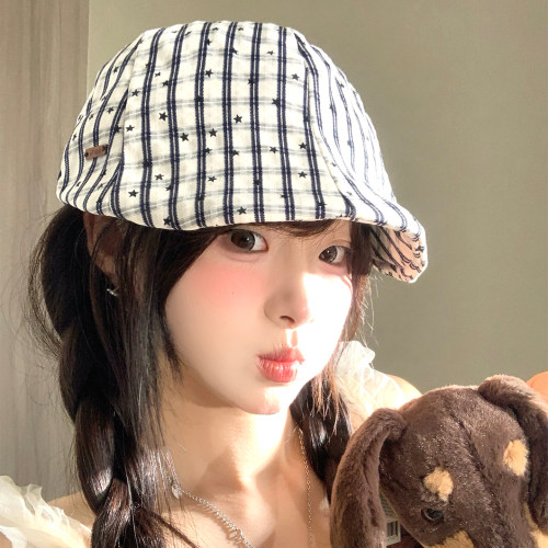 复古星星格纹前进帽女显脸小百搭