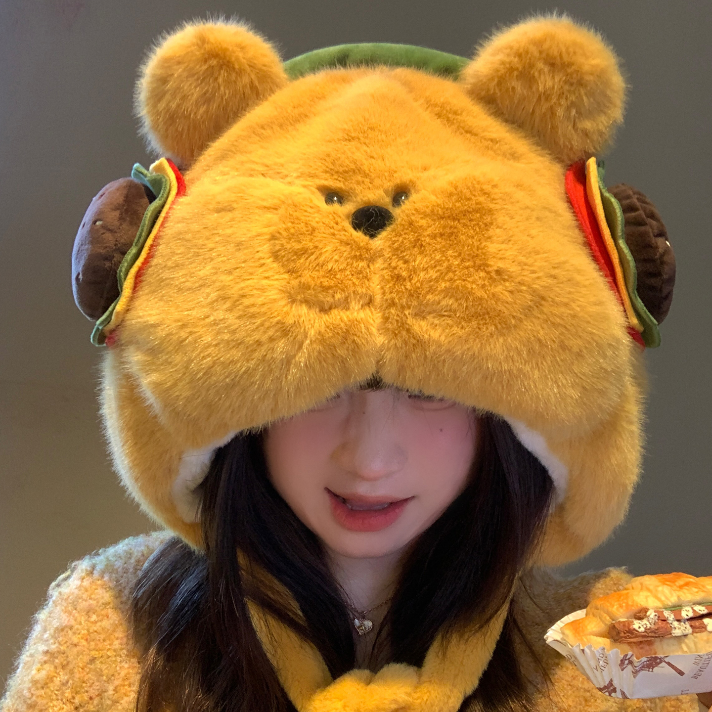 可爱汉堡小熊毛绒帽子女秋冬保暖