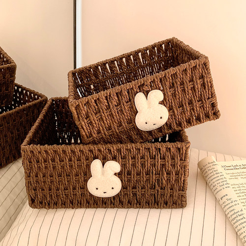 复古可爱藤编桌面杂物整理收纳篮