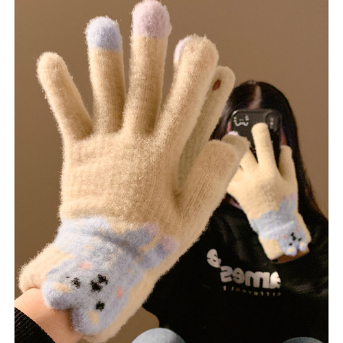 可爱小狗露指触屏毛绒针织手套