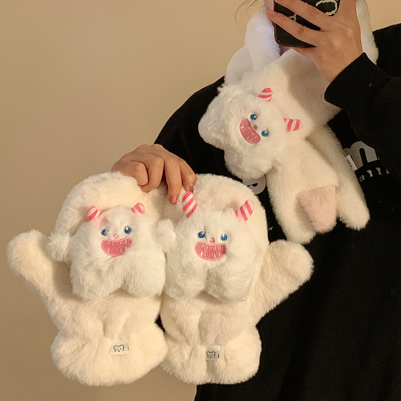 可爱小怪兽毛绒手套女冬围巾套装