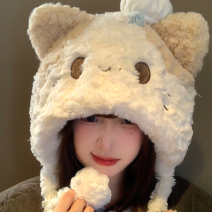可爱厨师猫咪毛绒帽子女冬季加绒加厚保暖大头围显脸小护耳雷锋帽