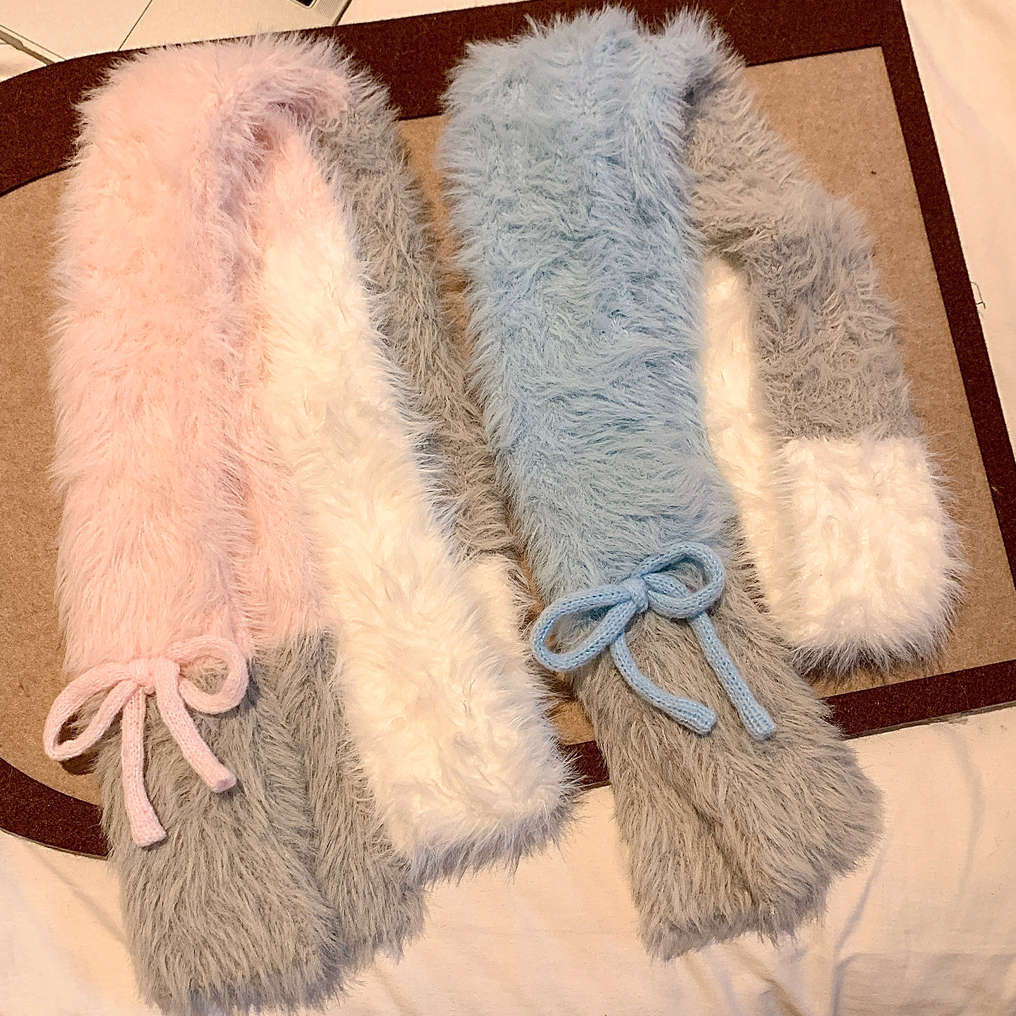 拼色软糯毛绒针织蝴蝶结围巾