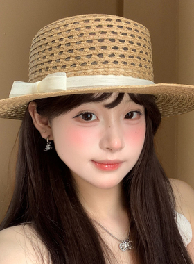 法式蝴蝶结镂空平顶草帽女夏季优雅礼帽海边沙滩度假遮阳防晒帽子