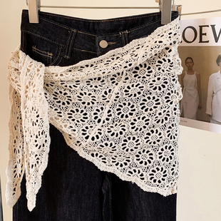 韩系镂空花朵针织叠穿屁帘裤子女春夏打底半身裙高级感三角巾丝巾