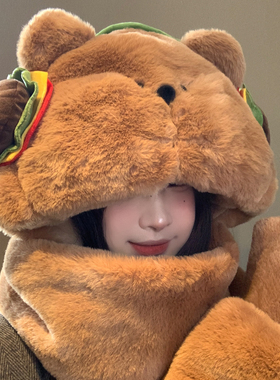 2025新款可爱汉堡小熊毛绒帽子围巾一体女冬天保暖防寒手套三件套