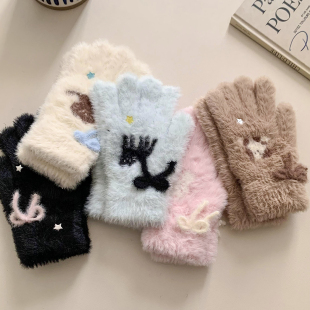 可爱猫咪蝴蝶结毛绒针织分指手套女冬加绒加厚保暖骑行防寒可触屏