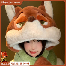 迪士尼火狐狸尼克毛绒帽子围巾一体女冬季加绒加厚可爱保暖两件套