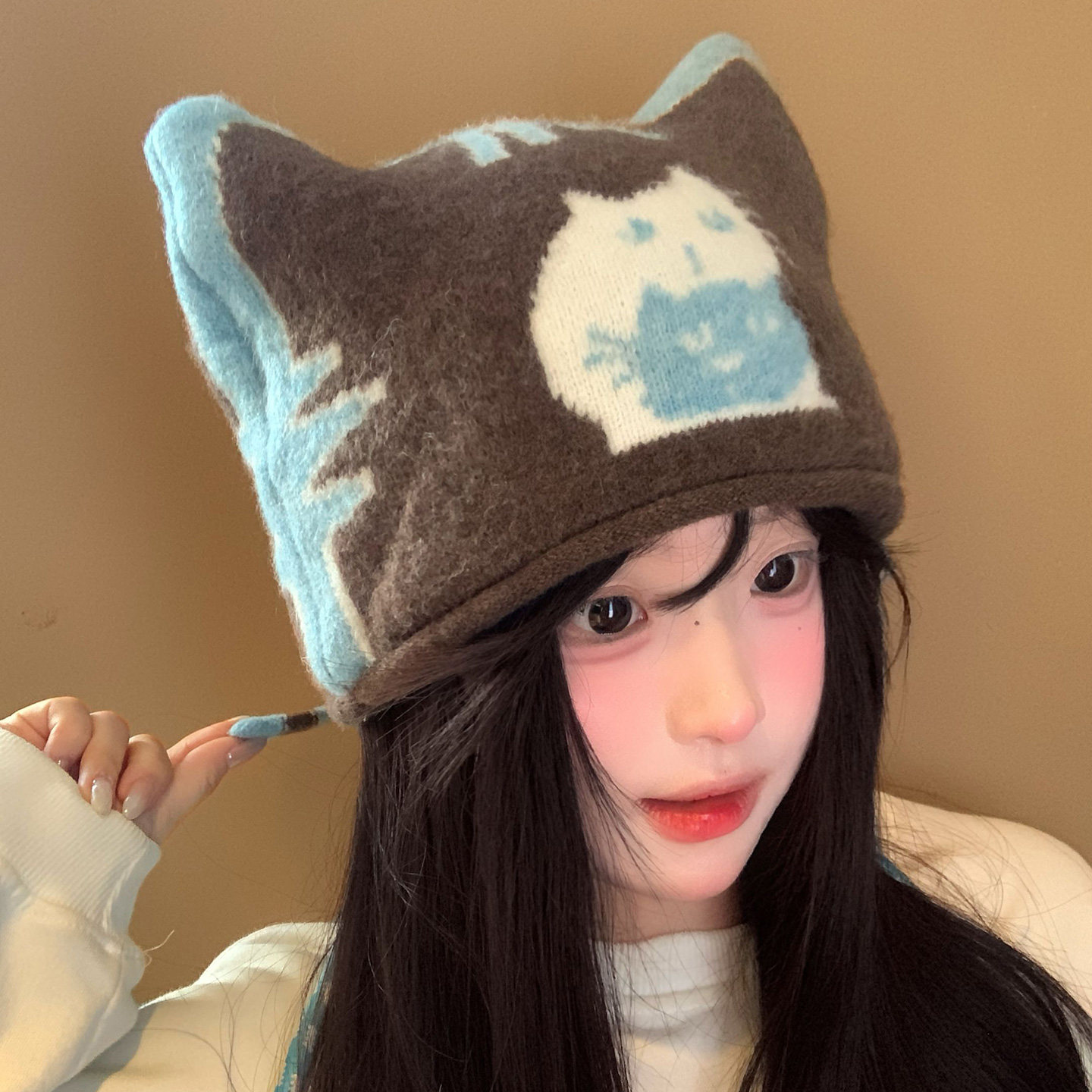 可爱猫咪耳朵针织毛线帽女秋冬季大头围保暖百搭显脸小帽子套头帽