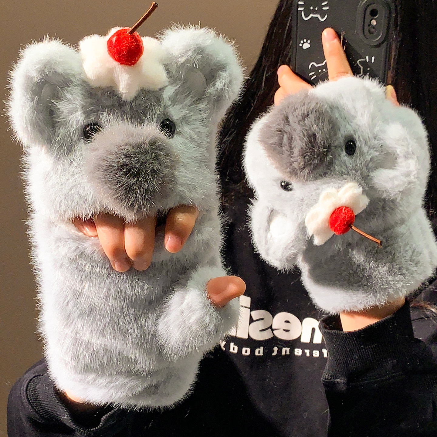 可爱考拉翻盖半指手套女冬季保暖加绒加厚骑行车御寒露指学生写字,服饰配件/皮带/帽子/围巾,手套,淘宝优惠券,粉丝福利购,淘宝优惠卷