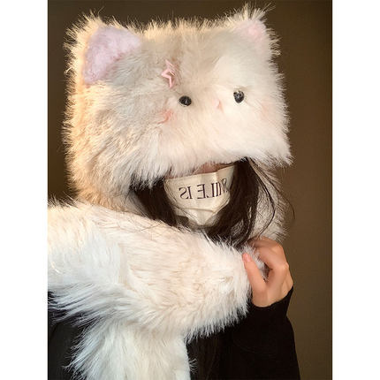 BLUE*KELUS联名新款可爱毛绒猫咪帽子围巾一体女冬季保暖加绒加厚