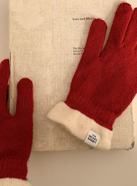 红色花边保暖毛线针织手套女秋冬可触屏加厚防寒骑行分指2025新款