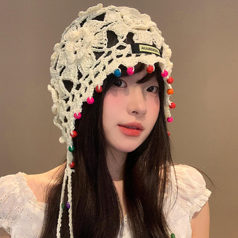 花朵流苏手工编织包头帽女旅游