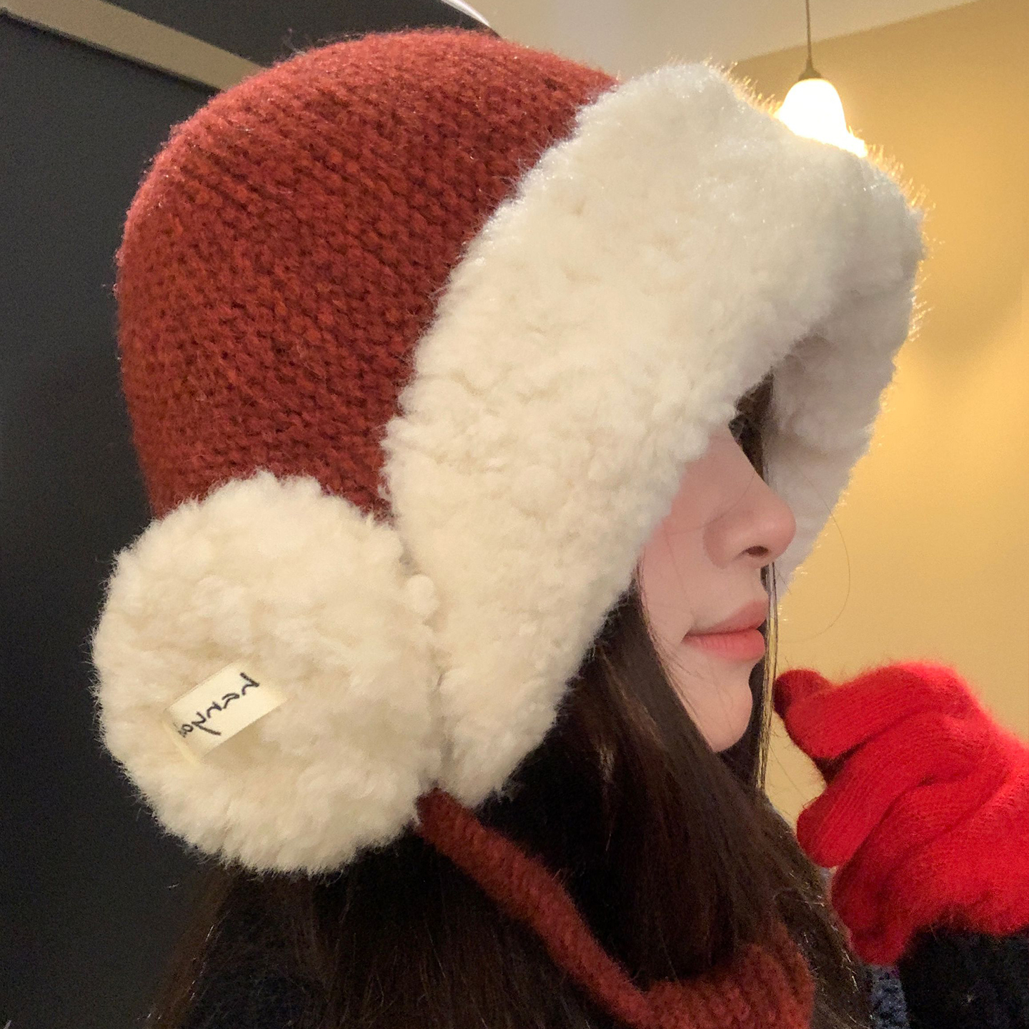 秋冬季毛绒加厚红色护耳毛线帽子