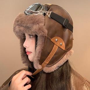 复古飞行员帽子毛绒pu皮护耳雷锋帽女秋冬季 加厚保暖防寒骑车滑雪