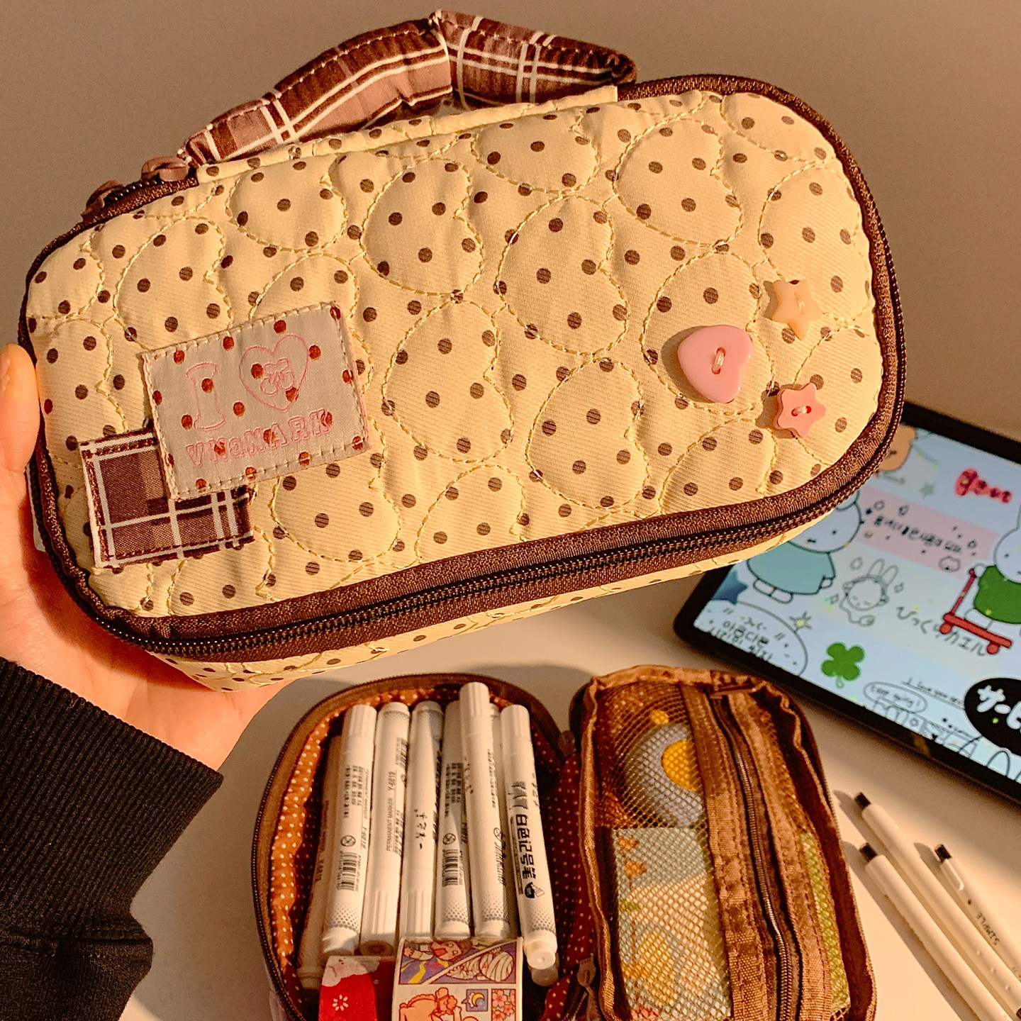 2026新款复古黄色波点笔袋高颜值ins风女孩大容量学生文具铅笔盒,文具电教/文化用品/商务用品,笔袋,淘宝优惠券,粉丝福利购,淘宝优惠卷