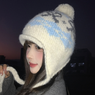 费尔岛提花白色针织毛线帽子女秋冬季 保暖骑行防寒护耳毛线雷锋帽