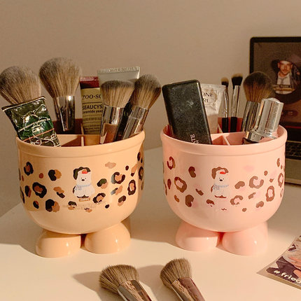 可爱豹纹分格化妆刷收纳筒桌面化妆品口红盒女置物架笔桶2026新款