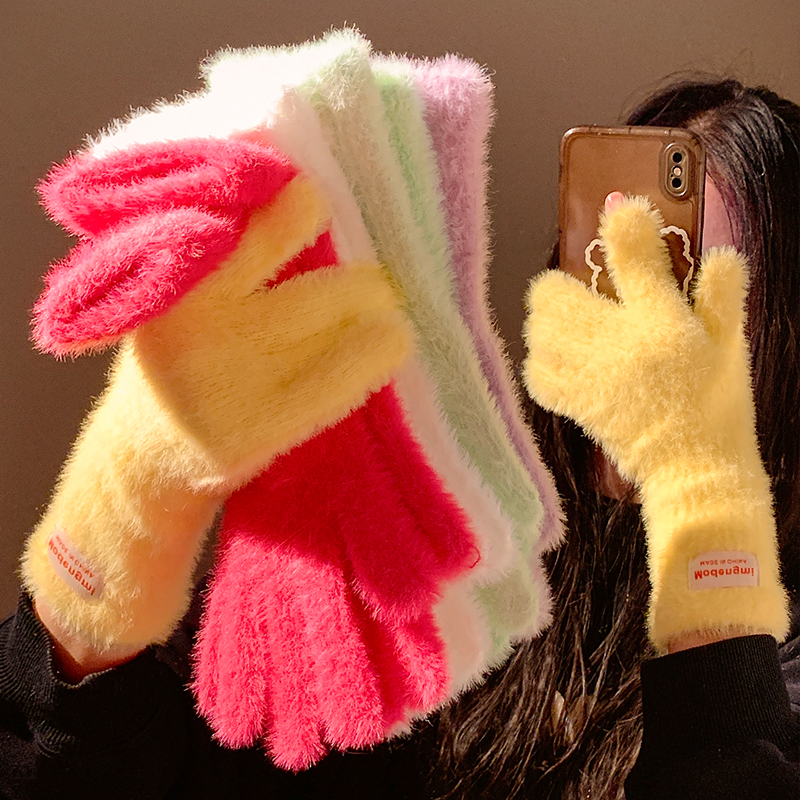 纯色长款软糯兔毛针织露指可触屏毛绒手套女冬季骑行加厚防寒保暖