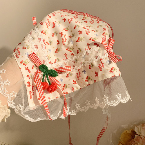 樱桃碎花~蕾丝头巾女三角巾海边