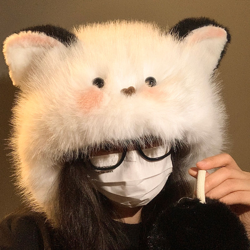 可爱猫耳朵毛绒绒帽子女秋冬季加绒加厚保暖防寒护耳雷锋帽显脸小