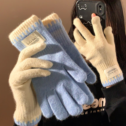 韩系羊毛混纺针织蓝色毛线手套女冬季骑行保暖防寒可触屏五指防风