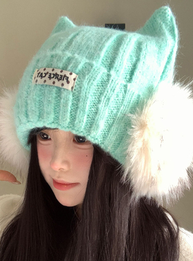 可爱猫耳针织毛线帽女秋冬季加厚