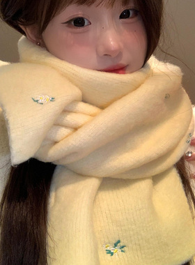 韩系氛围感黄色刺绣花朵毛线围巾女冬季保暖加厚2025新款围脖学生