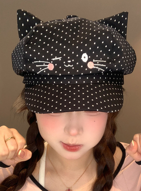 可爱黑色波点猫耳朵八角贝雷帽女夏薄款大头围显脸小鸭舌帽子学生