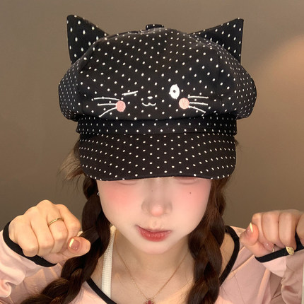 可爱黑色波点猫耳朵八角贝雷帽女夏薄款大头围显脸小鸭舌帽子学生