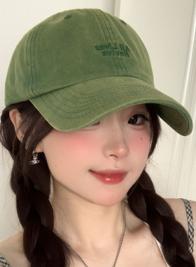 韩版水洗做旧绿色软顶棒球帽女夏季宽檐大头围显脸小遮阳鸭舌帽子