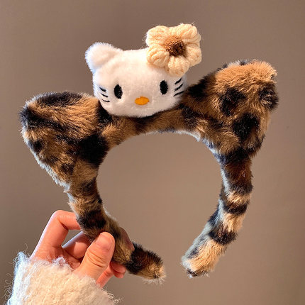 可爱黑皮Kitty猫耳朵豹纹毛绒发箍女款秋冬洗脸化妆头箍卡通发饰